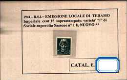 73207) 1944-R.S.I.-EMISSIONE LOCALE DI TERAMO-15C.IMPERIALE SOPRASTAMPATO-VARIETà" I" DI SOCIALE CAPOVOLTA N.1K - Emissioni Locali/autonome