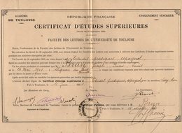 VP13.193 - Académie De TOULOUSE 1931 - Certificat D'Etudes Supérieures De Mr BRUN Né à ALIGNAN DU VENT - Diplomas Y Calificaciones Escolares