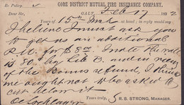 Canada Postal Stationery Ganzsache Entier 1c. Victoria PRIVATE Print GORE DISTRICT MUTUAL FIRE INSURANCE, GALT 1892 - 1860-1899 Reinado De Victoria