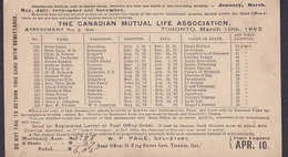 Canada Postal Stationery Ganzsache Entier 1c. Victoria PRIVATE Print CANADIAN MUTUAL LIFE ASSOCIATION, TORONTO 1892 - 1860-1899 Regno Di Victoria