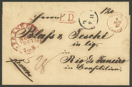 GERMANY: 6/NO/1847 Frankfurt - Rio De Janeiro: Folded Cover Sent Via Havre, With Several Markings On Front And Back, Exc - Briefe U. Dokumente
