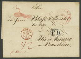 GERMANY: 22/AP/1850 Frankfurt - Rio De Janeiro: Folded Cover Sent Via Havre, With Red Dispatching Mark, Frontier Exchang - Briefe U. Dokumente
