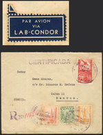 BOLIVIA: Registered Airmail Cover Sent From La Paz To Santos (Brazil) By LAB-CONDOR On 20/JUN/1938, With Interesting Air - Bolivie