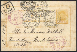 BRAZIL: 80Rs. Postal Card Sent From Sao Leopoldo To Rio De Janeiro On 26/JUL/1887, With Good Number Of Cancels Of Rio An - Cartoline Maximum