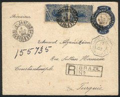 BRAZIL: 300Rs. Stationery Envelope + 2x 200Rs., Sent By Registered Mail From Rio To Constantinople (Turkey) On 4/AU/1903 - Cartes-maximum