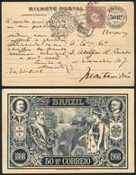 BRAZIL: 50Rs. Postal Card Sent From Rio To Uruguay On 20/AU/1908 With Insufficient Postage, On Arrival It Received A Pos - Cartes-maximum
