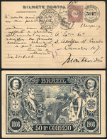 BRAZIL: 50Rs. Postal Card Sent From Rio To Uruguay On 20/AU/1908 With Insufficient Postage, On Arrival It Received A Pos - Cartoline Maximum