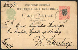 BRAZIL: 100Rs. Postal Card Sent To RUSSIA On 5/FE/1910, Interesting Traveling PO Box Cancel, Rare Destination, VF Qualit - Cartes-maximum
