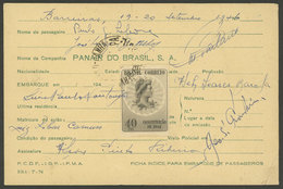 BRAZIL: Index Card For Boarding Passenger, Dated Barreiras 19-20 September 1946, With 40c. Stamp And Postal Cancellation - Maximum Cards