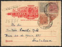 BRAZIL: 200Rs. Lettercard With Interesting Additional Postage That Includes A BISECT Stamp, Sent By Registered Mail To F - Cartes-maximum