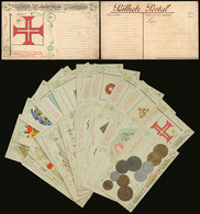 BRAZIL: Patriotic Series: Coins, Flags, Badges, Music Etc., Complete Set Of 25 Old Postcards, Organized By Simoes Lopes  - Rio De Janeiro