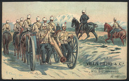 BRAZIL: Soldiers Carrying A Cannon On A Cart, Artist Signed CENNI, With Printed Advertising For "VILLA FILHO - Rio De Ja - Rio De Janeiro