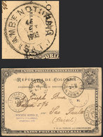 COLOMBIA: 5c. Postal Card  Sent From Bogotá To Brazil On 25/JUN/1903, With An Interesting TRAVELING PO Cancel, VF Qualit - Colombie