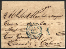 CUBA: Official Folded Cover Sent From CÁRDENAS To Habana On 18/FE/1854 With Interesting Postal Marks, VF Quality! - Autres & Non Classés