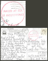 UNITED STATES: PC Sent To Brazil On 27/JUL/1992, With Red "MAILED AT SEA - SS INDEPENDENCE" Double Circle, VF Quality!" - Marcofilie