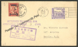 PHILIPPINES: 9/JA/1943 Cover Used In Manila With Insufficient Postage And Postage Due Mark, Which Was Later Paid With An - Philippinen