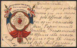 FRANCE: Patriotic PC Illustrated With Flags And Sacred Heart, Sent From Paris To Brazil On 15/OC/1906, VF Quality! - Sonstige & Ohne Zuordnung