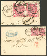 GREAT BRITAIN: 8/FE/1870 London - Lisboa (Portugal): Entire Letter Franked With Pair 3p. Rose Plate 5 (Sc.49), Arrival B - ...-1840 Voorlopers