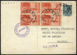 ITALY: Postal Card + Block Of 4 Of 4L. Sent From Roma To Brazil On 28/AU/1954, Very Nice! - Autres & Non Classés