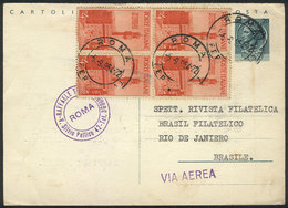 ITALY: Postal Card + Block Of 4 Of 4L. Sent From Roma To Brazil On 28/AU/1954, Very Nice! - Sonstige & Ohne Zuordnung