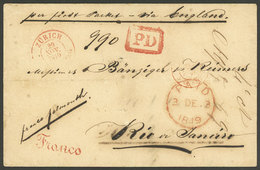 SWITZERLAND: 29/NO/1849 Zurich - Rio De Janeiro: Folded Cover Sent Via England, With The Red Marks "ZÜRICH - NACHM." (29 - ...-1845 Préphilatélie