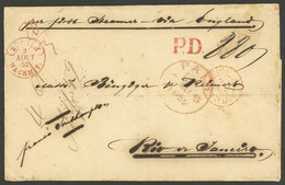 SWITZERLAND: 3/AU/1852 Zurich - Rio De Janeiro: Folded Cover Sent Via England, With The Red Marks "ZÜRICH - NACHM." (3/A - ...-1845 Voorlopers
