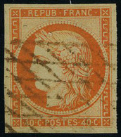 Oblitéré N° 5, 40c Orange Obl Grille Sans Fin Rouge, Superbe,  Rare, Signé Calves - Other & Unclassified