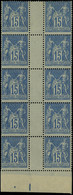 Neuf Sans Charnière N° 90, 15c Bleu, Bloc De 10, Interpanneau Sans Millésime, T.B. 2ex Cl - Sonstige & Ohne Zuordnung