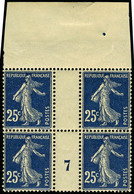 Neuf Sans Charnière N° 140b, 25c Semeuse Bleu Noir, Bloc De 4 Millésime 7, Bdf, T.B. - Sonstige & Ohne Zuordnung