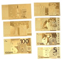 LOT DE 7 BILLETS PLAQUES COULEURS OR .( 5€ .10€ .20€ . 50€ . 100€ . 200€ . 500€ .) - Specimen