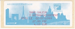 TIMBRE DE DISTRIBUTEUR 1999 PHILEXFRANCE 1999 EXPOSITION INTERNATIONALE MONDIAL DU TIMBRE 27.00F / 4.12 Euros - 1999-2009 Illustrated Franking Labels