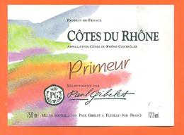 étiquette Vin Cotes Du Rhone Primeur Paul Gibelet à Fléville Sud - 75 Cl - Côtes Du Rhône