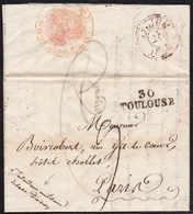 GRANDE ARMÉE. 1825. TOULOUSE A PARIS. MARCA "30/TOULOUSE". AL DORSO FRANQUICIA. MUY INTERESANTE Y RARÍSIMA. - Army Postmarks (before 1900)