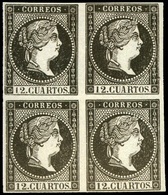 Ed. NE Bl. 4 1859. No Emitido. 12 Cuartos. Ensayo Color Negro (Galvez 210) Bl. De 4 - Used Stamps