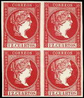 Ed. NE Bl. 4 1859. No Emitido. 12 Cuartos. Ensayo Color Carmín Rosado (Galvez 220) - Gebraucht