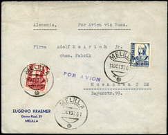 Ed. 828-822 - Carta Cda, Correo Aereo De Melilla A Munich (via Roma) + Marca Lineal “por Avión” (rara). 11/Oct/37. - Unused Stamps