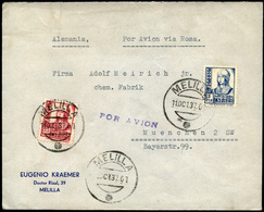 Ed. 828-822 - Carta Cda, Correo Aereo De Melilla A Munich (via Roma) + Marca Lineal “por Avión” (rara). 11/Oct/37. - Nuevos