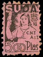 Ed. * 115 BARCELONA. “S.U.D.A. -CNT-AIT-5Ptas.” Rosa. Muy Raro. - Spanish Civil War Labels