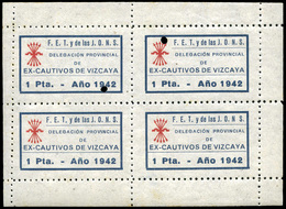 *** S/Cat. VIZCAYA. Pequeña HB 4 Valores “Ex Cautivos Vizcaya. 1Pras.Falange” - Spanish Civil War Labels