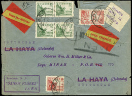 Ed. 879-818-819(4) - 1939. Carta Cda “Jaen 02/Sep/39” A La Haya Y Reexpedida A Rotterdam, Con 2 Raras Etiquetas - Nationalistische Uitgaves