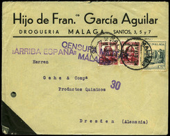 Local Málaga 1937. Carta Cda Con Publicidad Ilustrada En Reverso “Dolor De Cabeza Jaquecas.....” Precioso. - Emissioni Nazionaliste