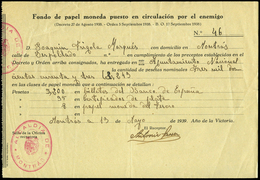 1939. Documento De Entrega De “Fondo De Papel Moneda Puesto En Circulación Por El Enemigo. Alcadía De Montrás” - Lettres & Documents