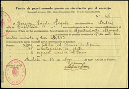 1939. Documento De Entrega De “Fondo De Papel Moneda Puesto En Circulación Por El Enemigo. Alcadía De Montrás” - Cartas & Documentos