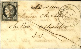 Plume Seule / N° 3 Belles Marges Càd T 14 LAIGNES (20) 9 JANV. 1849 Sur Lettre Avec Texte Daté De Mazenas Le 7 Janvier 1 - 1849-1850 Ceres