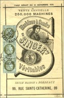 Càd BORDEAUX / GIRONDE / N° 51 Bande De 3 Sur Feuillet Publicitaire Singer. 1876. - TB. - 1871-1875 Cérès