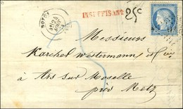 GC 2702 / N° 60 Càd T 17 NOYON (58) Sur Lettre Insuffisamment Affranchie Pour Ars Sur Moselle, Au Recto Griffe Rouge INS - 1871-1875 Ceres