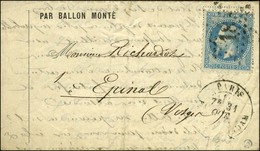 Etoile 18 / N° 29 Càd PARIS / RUE D'AMSTERDAM 31 OCT. 70 Sur Lettre PAR BALLON MONTÉ Adressée à Epinal (Vosges, Zone Occ - Guerra De 1870