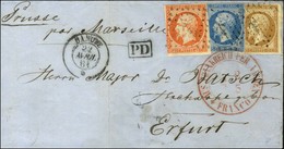 Ancre / N° 13 + 14 + 16 (filet Effleuré) Càd DANUBE / * 22 AVRIL 61 Sur Lettre Pour Erfurt. Exceptionnelle Combinaison.  - Correo Marítimo