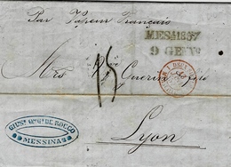 1857- Letter From Messina To Lyon  " Par Vapeur Français "  Rating 15 D - Entrée 1 DEUX SICILES 1 MARSEILLE Red - Sicilia