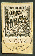 TAHITI : 20c TAXE (n°21) Bord De Feuille Obl. Sur Fragment. Cote 650€. Signé SCHELLER. Superbe. - Altri & Non Classificati